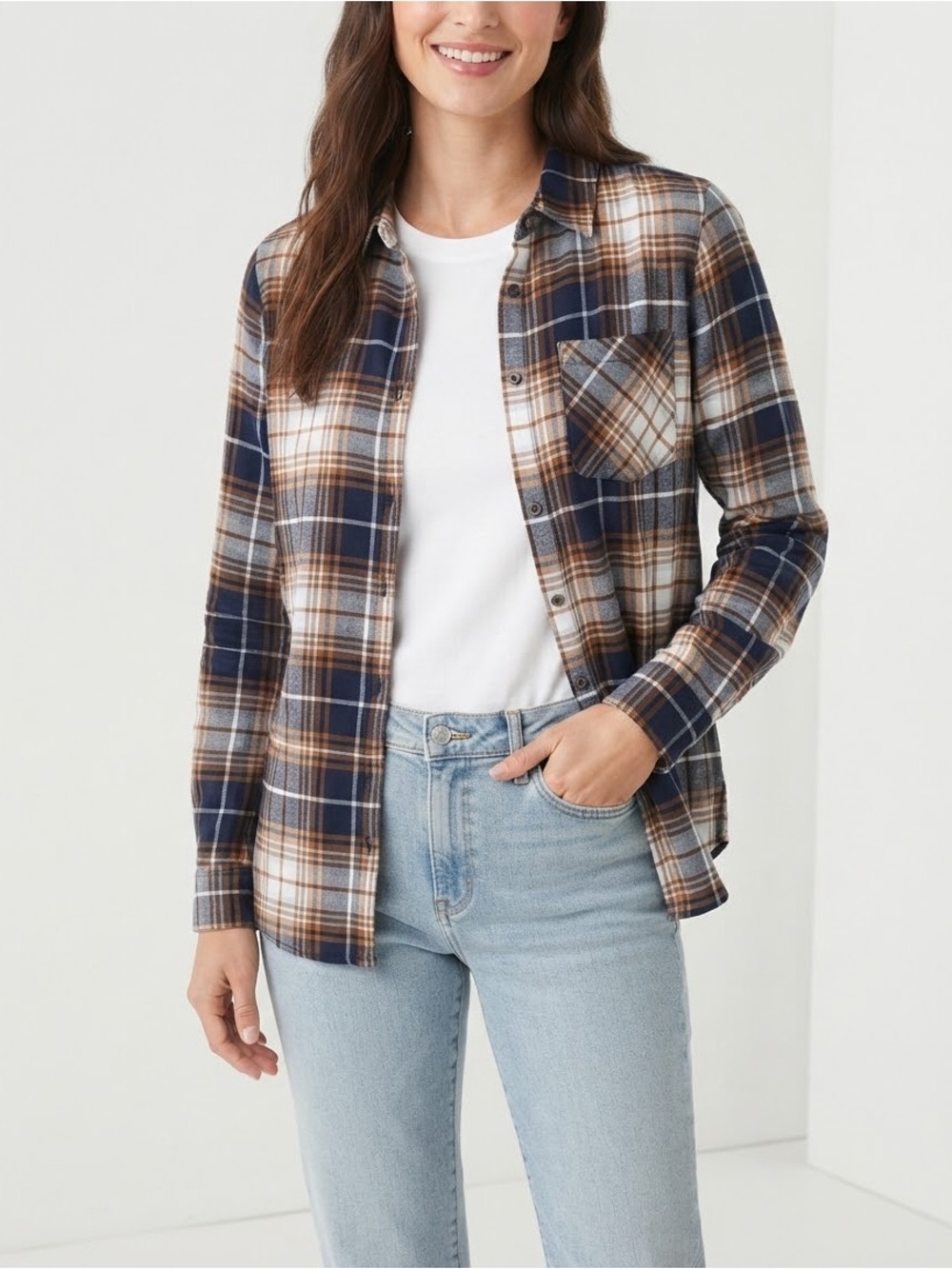 Women’s Plaid Flannel Button Down Long Sleeve Shirt Navy Brown White Size L
